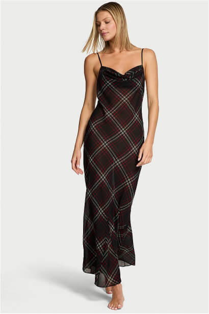 Black Chiffon Tartan Draped Maxi Slip Dress