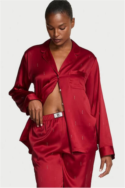 Red Waterfall Sequin Satin Shine Long Pyjamas Set